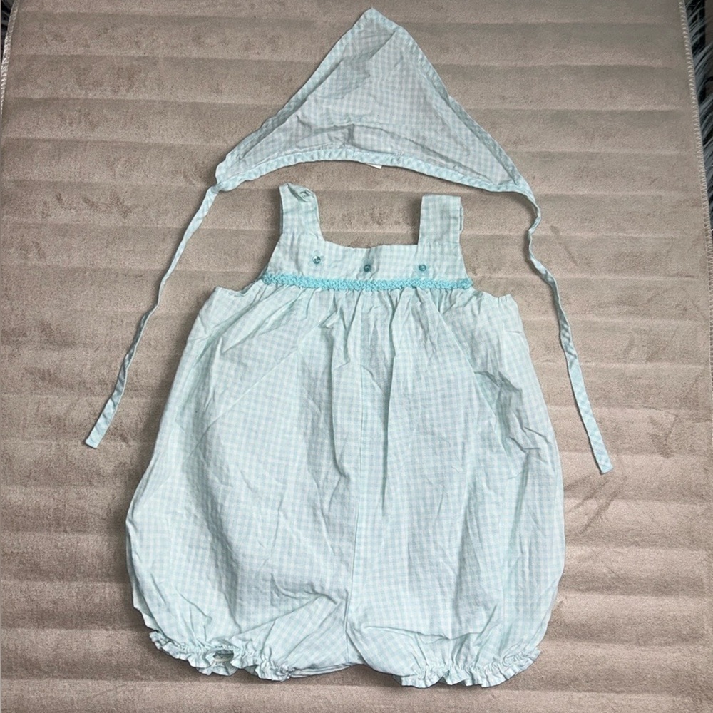 Creme de la Creme 9 months Classic Blue Gingham Onesie with Matching Head Scarf